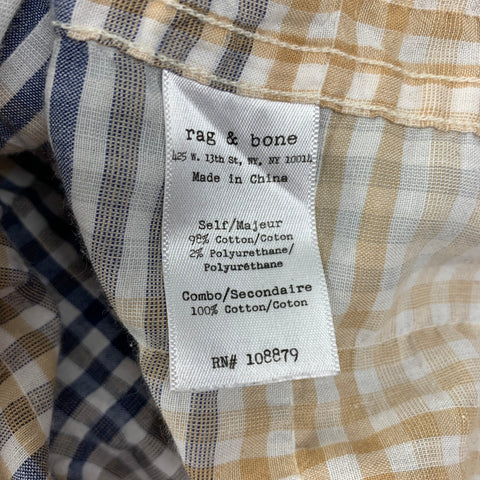 RAG & BONE Size L Navy Beige Checkered Cotton Short Sleeve Shirt