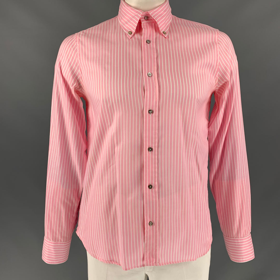 JIL SANDER Size 42 Pink White & Stripe Cotton Button Down Long