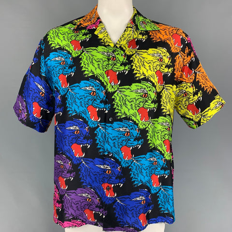 GUCCI Size XL Multi-Color Print Silk Camp Short Sleeve Shirt