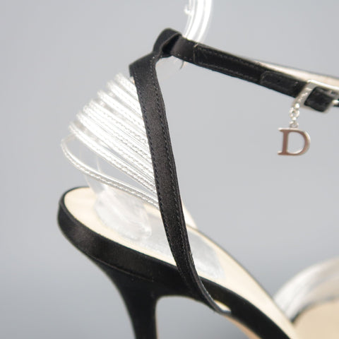CHRISTIAN DIOR Size 9.5 Black & Silver Silk & Leather Rhinestone T Strap Sandals