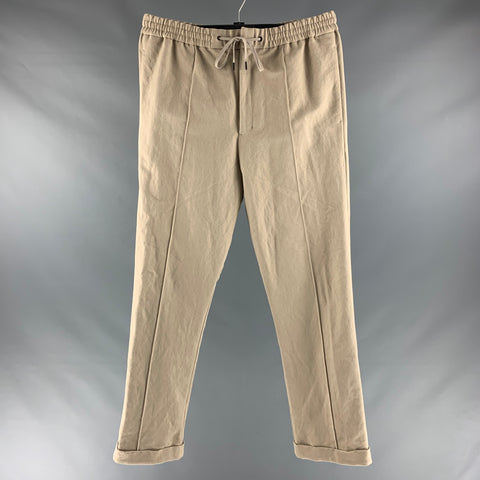 DEVOA Size XL Khaki Solid Cotton Linen Elastic Waistband Casual Pants
