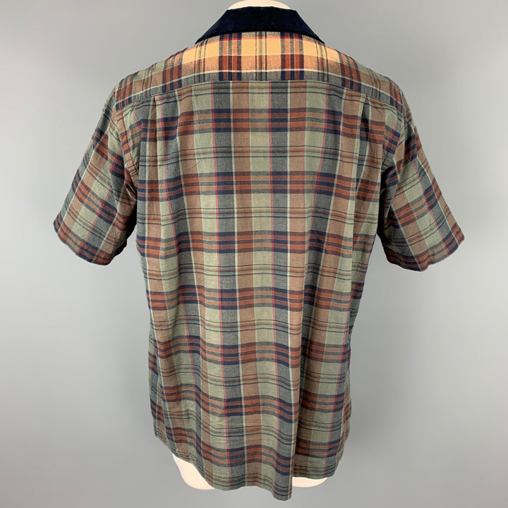 SACAI Size L Green & Navy Plaid Cotton Camp Short Sleeve Shirt