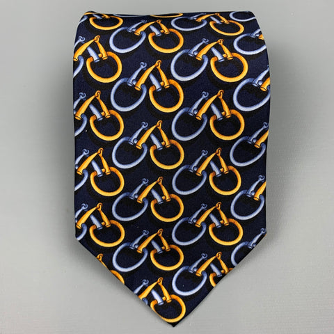 Corbata de seda ecuestre azul marino y dorada de GUCCI