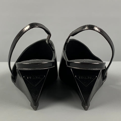 PRADA Size 7.5 Black Leather Slingback Wedge Pumps