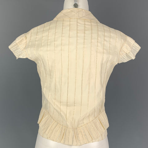 NINA RICCI Size 6 Cream Gold Cotton Blend Stripe Ruffle Dress Top
