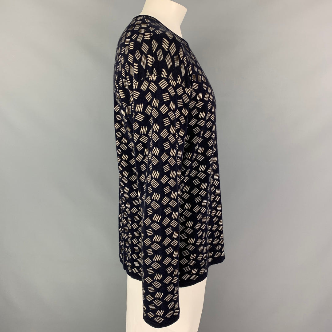 ARMANI COLLEZIONI Size L Navy & Ivory Knitted Cotton / Rayon Crew-Neck Pullover