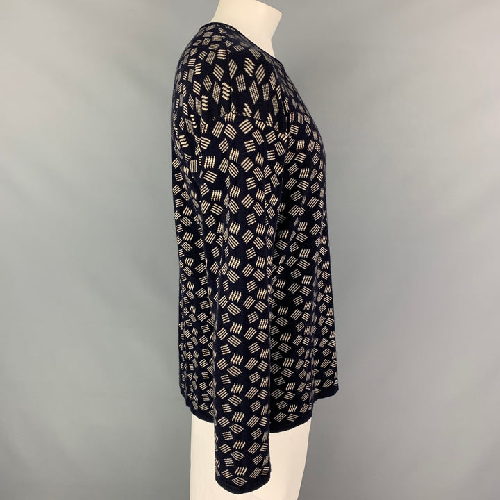 ARMANI COLLEZIONI Size L Navy Ivory Knitted Cotton / Rayon Crew-Neck Pullover