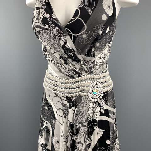 NAEEM KHAN Size 6 Black & White Floral Silk Beaded Halter Gown