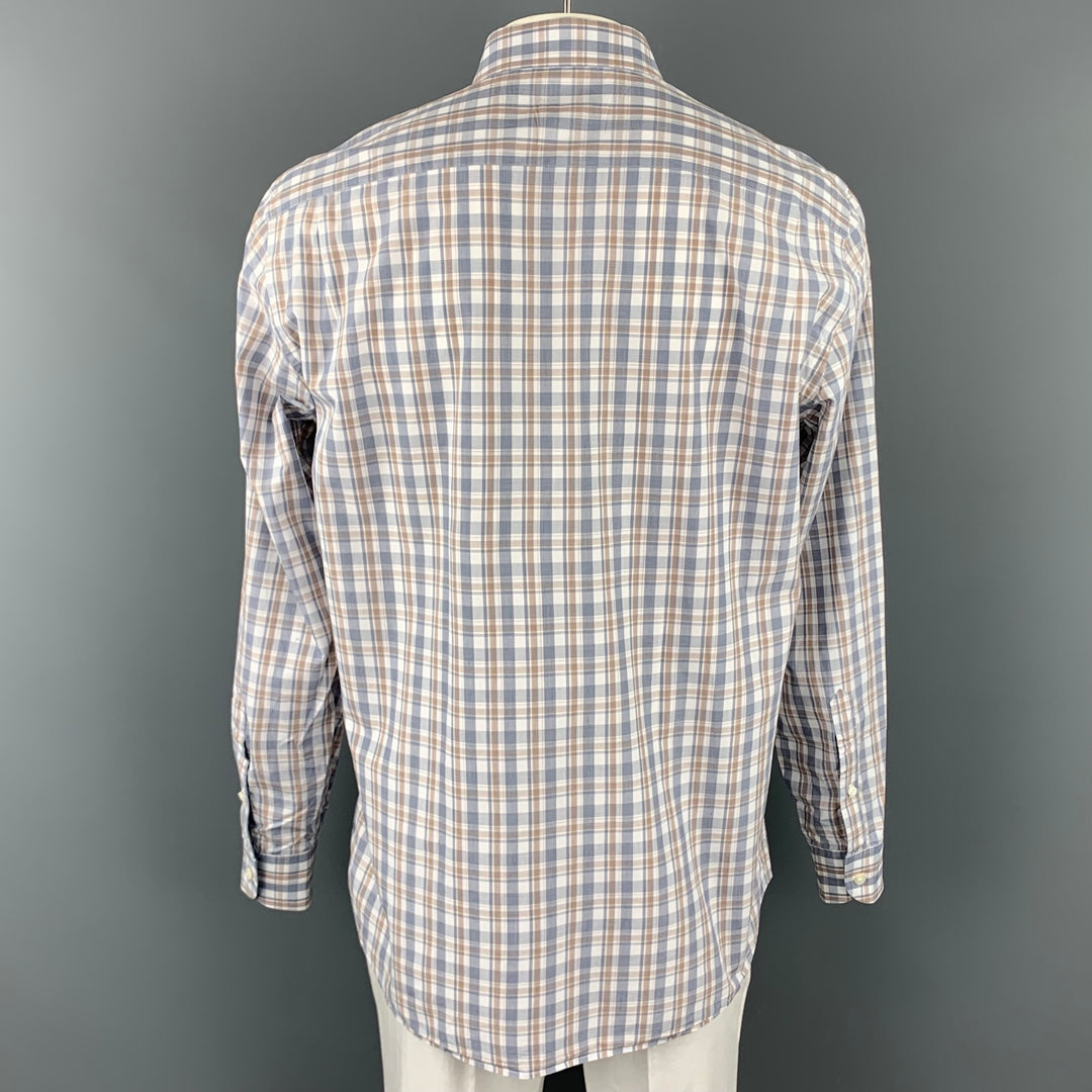 ERMENEGILDO ZEGNA Size XL Blue & White Plaid Cotton Long Sleeve Shirt