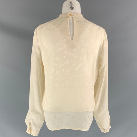 CELINE Size 4 Cream Silk Signature Print Long Sleeve Blouse