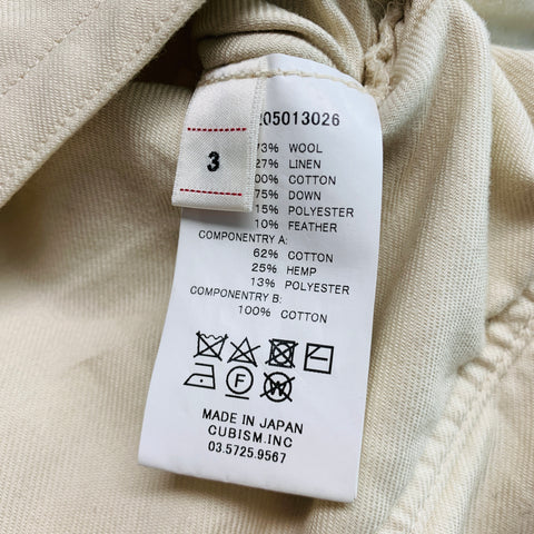 VISVIM Talla M -Chaleco de plumón Wawona- Chaleco con cremallera de lino de lana de tweed beige negro