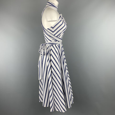 CAROLINA HERRERA Size 0 White & Bllue Striped Cotton Gathered Halter Sun Dress