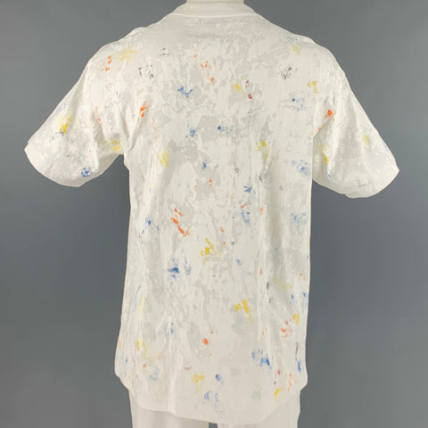 JOHN ELLIOTT Size L White Multi-Color Splattered Cotton Crew-Neck T-shirt