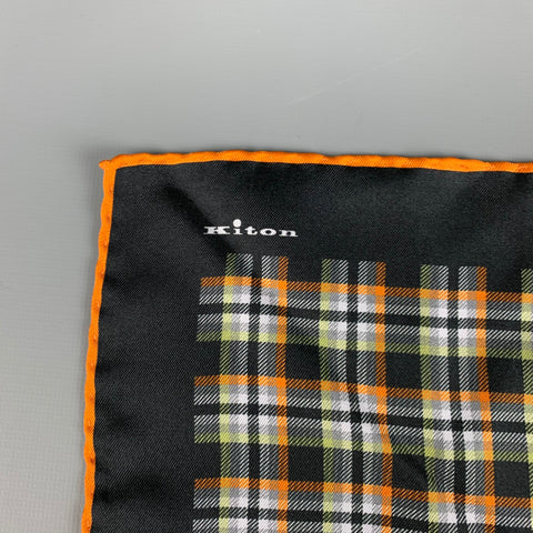 KITON Black Orange Green Plaid Silk Pocket Square