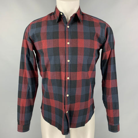 OLIVER SPENCER Size M Burgundy &  Navy Checkered Cotton Long Sleeve Shirt