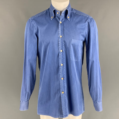 KITON Size M Blue Washed Cotton One pocket Long Sleeve Shirt