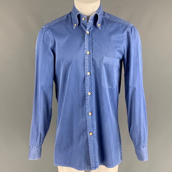 KITON Size M Blue Washed Cotton One pocket Long Sleeve Shirt