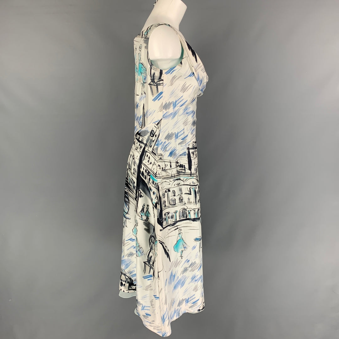 RICHARD TYLER Size 10 White Blue Silk Drawing Sleeveless Cocktail Dress