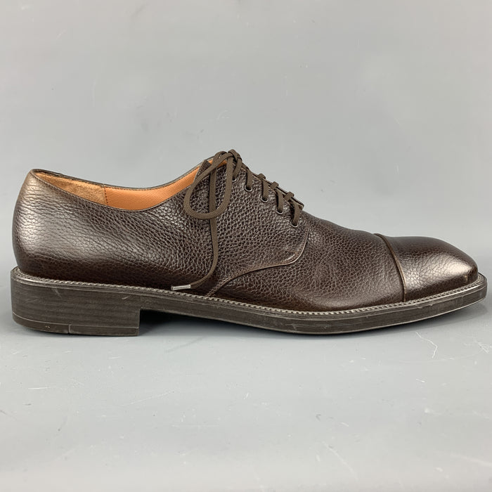 SALVATORE FERRAGAMO Size 11 Brown Textured Leather Cap Lace Up Dress Shoes