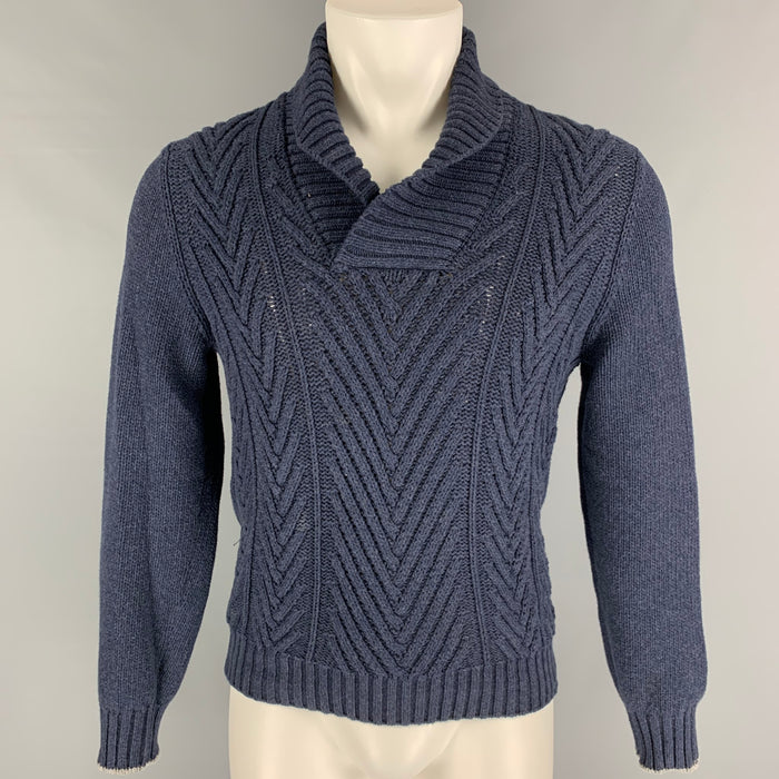 BRUNELLO CUCINELLI Size S Dark Blue Knit Cotton Nylon Shawl Collar Sweater