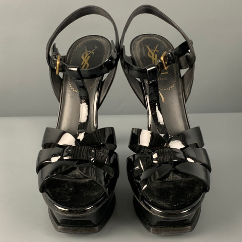 YVES SAINT LAURENT Size 8 Black Patent Leather Platform Sandals