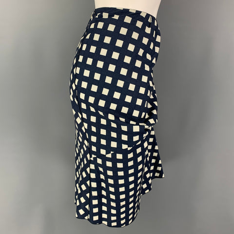 MARC JACOBS Size 6 Navy White Cotton Checkered Ruched Skirt