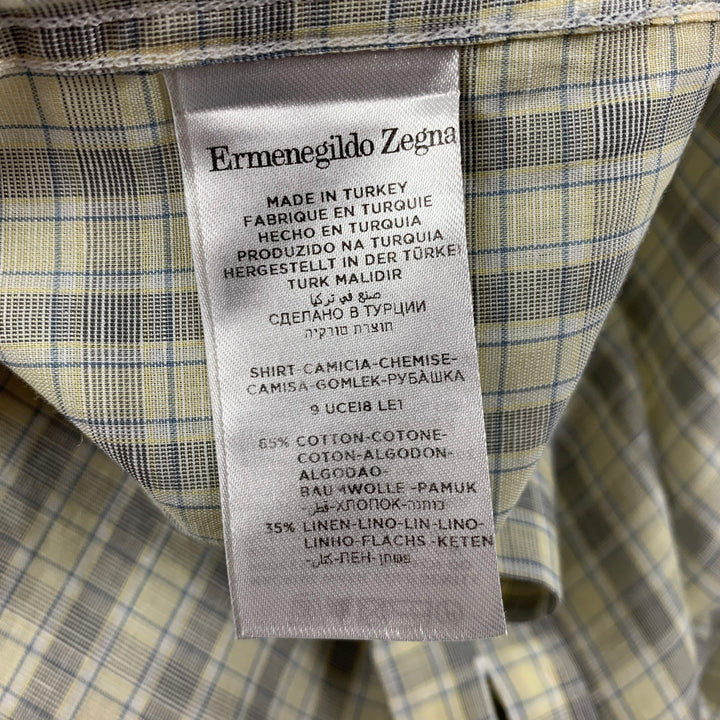 ERMENEGILDO ZEGNA Taille M Chemise à manches longues en coton et lin à carreaux jaune bleu