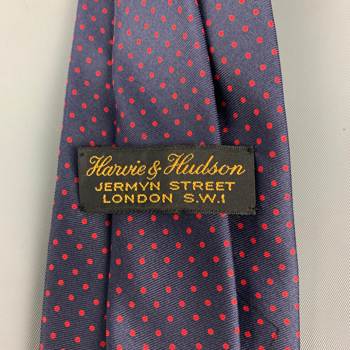 HARVIE & HUDSON Navy Red Polka Dot Silk Twill Tie