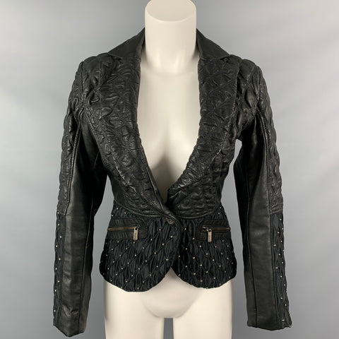JUST CAVALLI Size 4 Black Studded Acetate / Viscose Quilted Notch Lapel Jacket