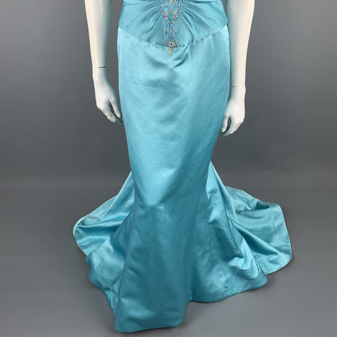 REEM ACRA Size M Blue Silk Strapless Beaded Gown & Bolero Shrug