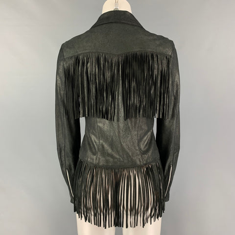 GIL SANTUCCI Size 4 Charcoal Lamb Leather Fringe Jacket