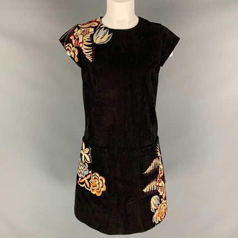 ETRO Taille 4 Robe à manches courtes en peau de chèvre brodée en daim multicolore noir