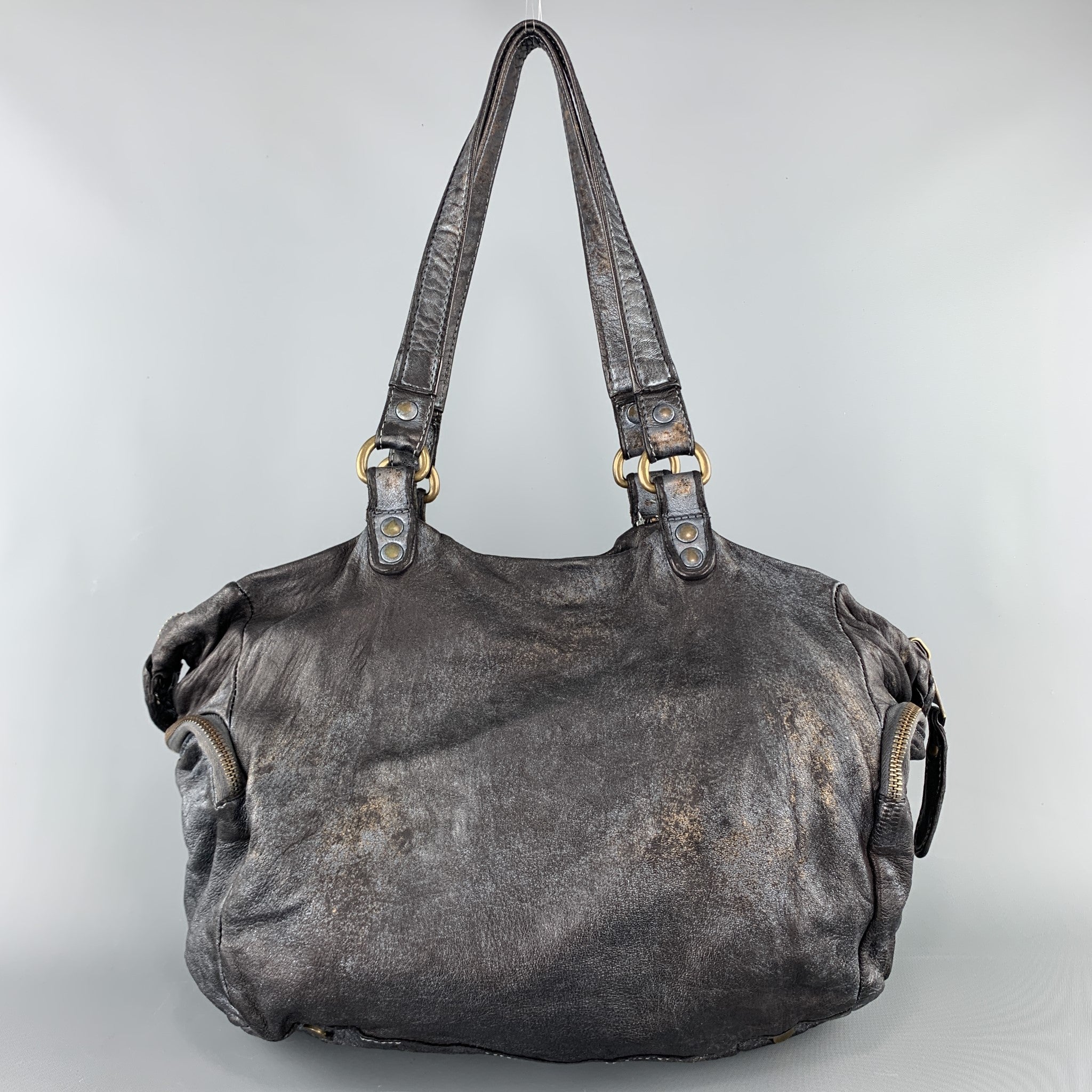 GIORGIO BRATO Distressed Gunmetal Metallic Leather Satchel