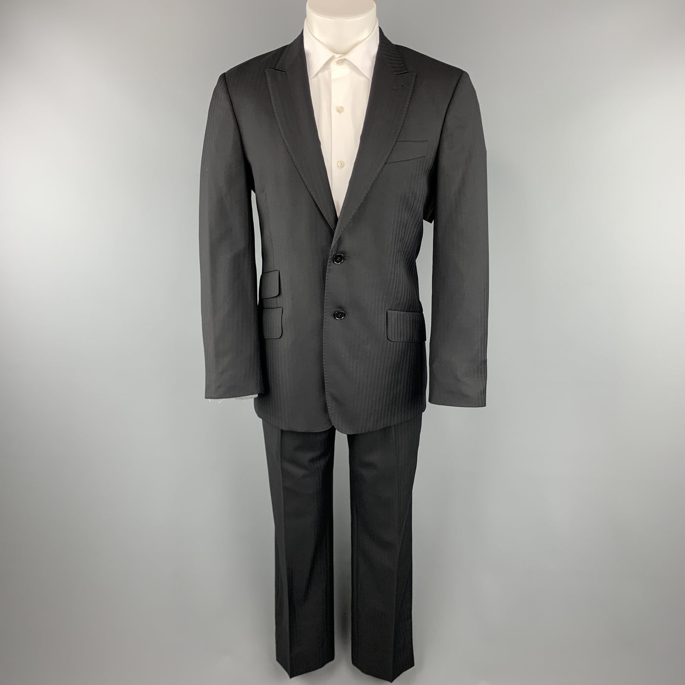 PAUL SMITH Size 38 Black Herringbone Wool Peak Lapel Suit