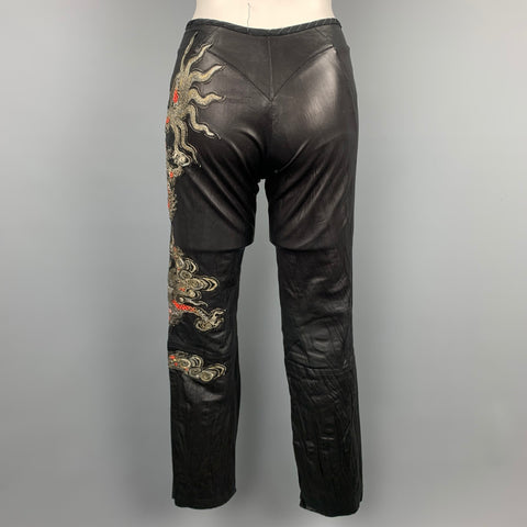 ROBERTO CAVALLI Spring 2003 Size S Black & Red Dragon Embroidered Leather Casual Pants