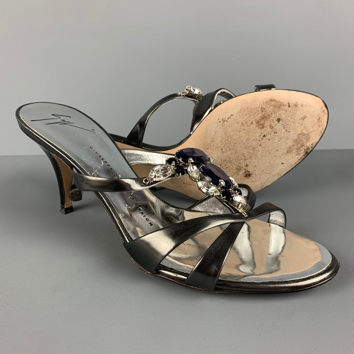 GIUSEPPE ZANOTTI Size 8.5 Silver Rhinestones Patent Leather Strappy Sandals