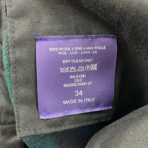 RALPH LAUREN PURPLE LABEL Size 34 Black & Green Navy Blackwatch Plaid Virgin Wool Dress Pants
