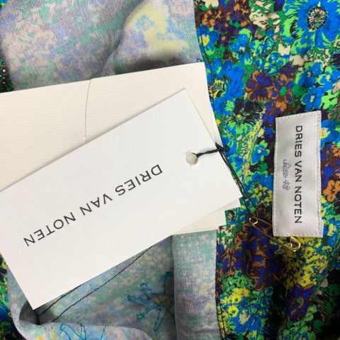 DRIES VAN NOTEN S/S 20 Size S Green & Blue Beaded Viscose Button Up Long Sleeve Shirt