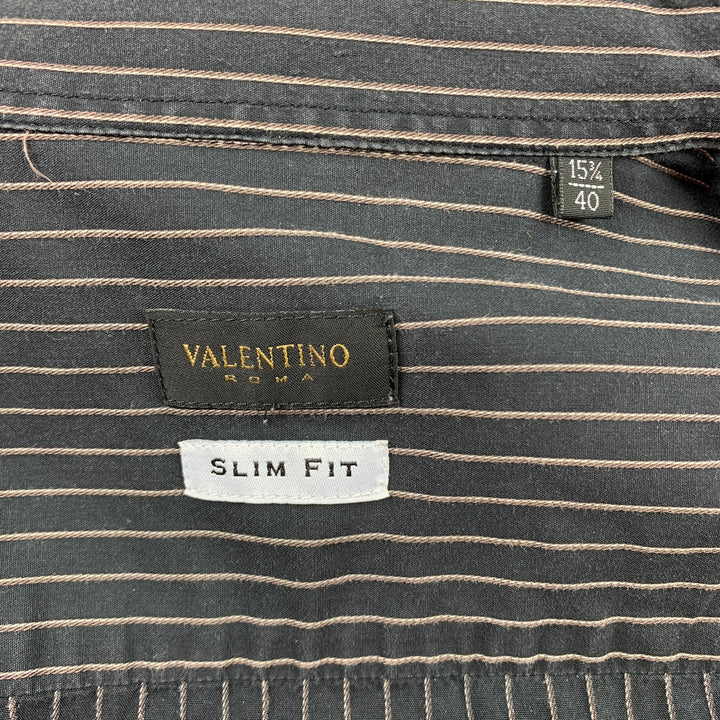 VALENTINO Camisa de manga larga con botones de algodón a rayas negras Talla M Slim Fit