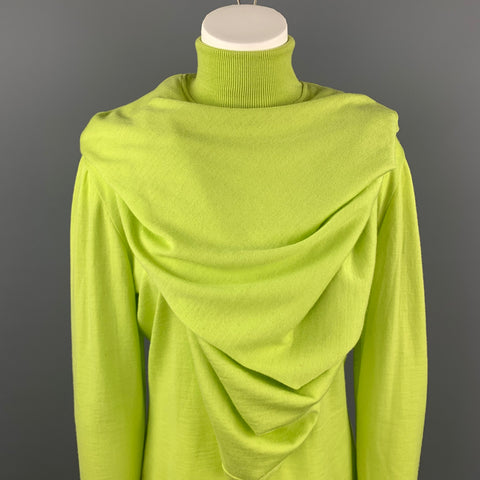 GIANNI VERSACE Taille L Pull à col roulé en laine vert lime avec superposition de cape