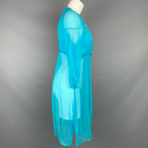 DELFINA Taille S Robe en shantung longueur genou en soie turquoise et perles