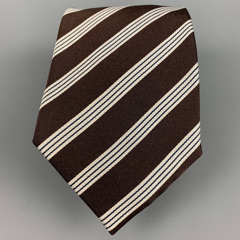 LUCIANO BARBERA Brown White Stripe Silk Tie
