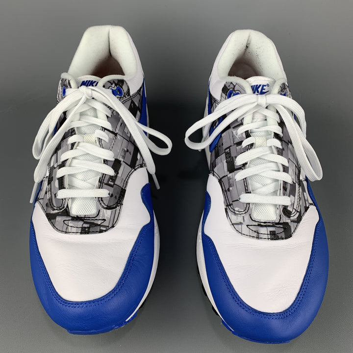NIKE Size 11.5 Print White & Blue Leather Lace Up Sneakers