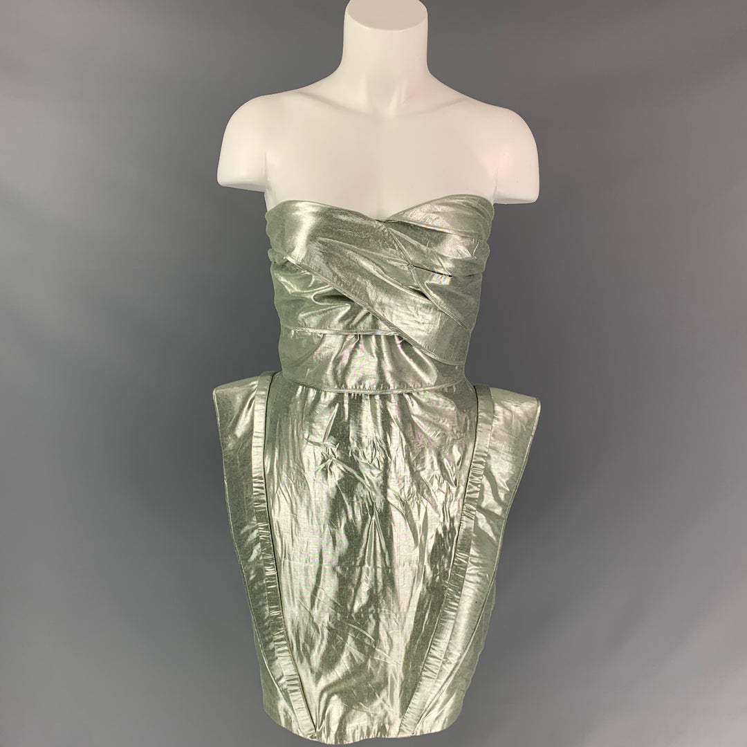 RACHEL GILBERT Size 2 Light Green & Silver Lurex Metallic Dress