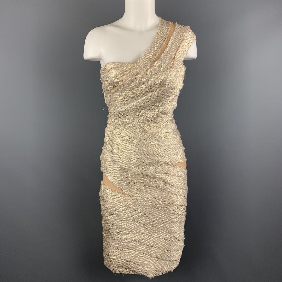 REEM ACRA Size 2 Metallic Gold & Silver Layered Jacquard One Shoulder Cocktail Dress