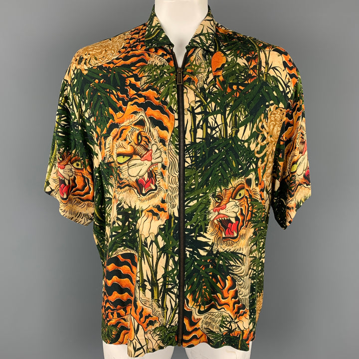 DSQUARED2 Size L Olive & Orange Tiger Print Viscose Zip Up Long Sleeve Shirt