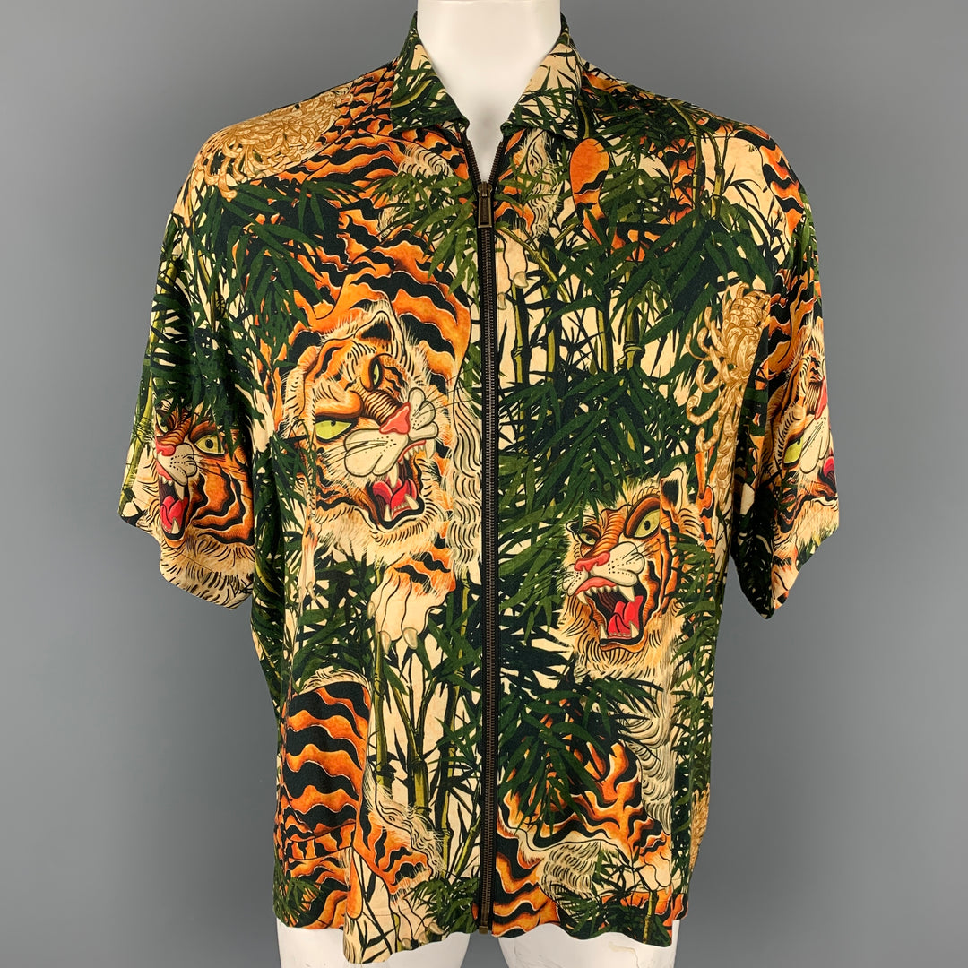 DSQUARED2 Talla L Camisa de manga larga con cremallera de viscosa y estampado de tigre verde oliva y naranja