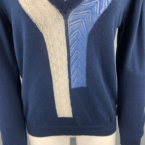 DRIES VAN NOTEN Size S Navy & cream Cotton Wool Blend V Neck Pullover