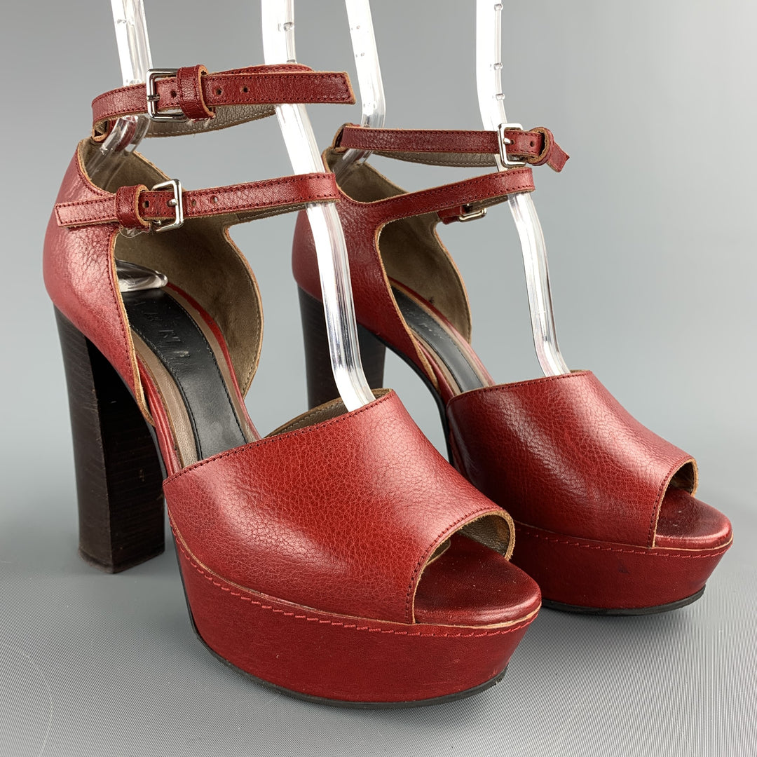 MARNI Size 8 Red Leather Peep Toe Double Strap Pumps