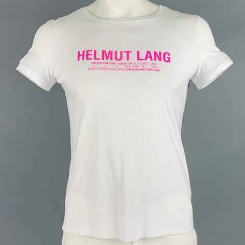HELMUT LANG Size L White Pink Logo Cotton Crew Neck T-shirt